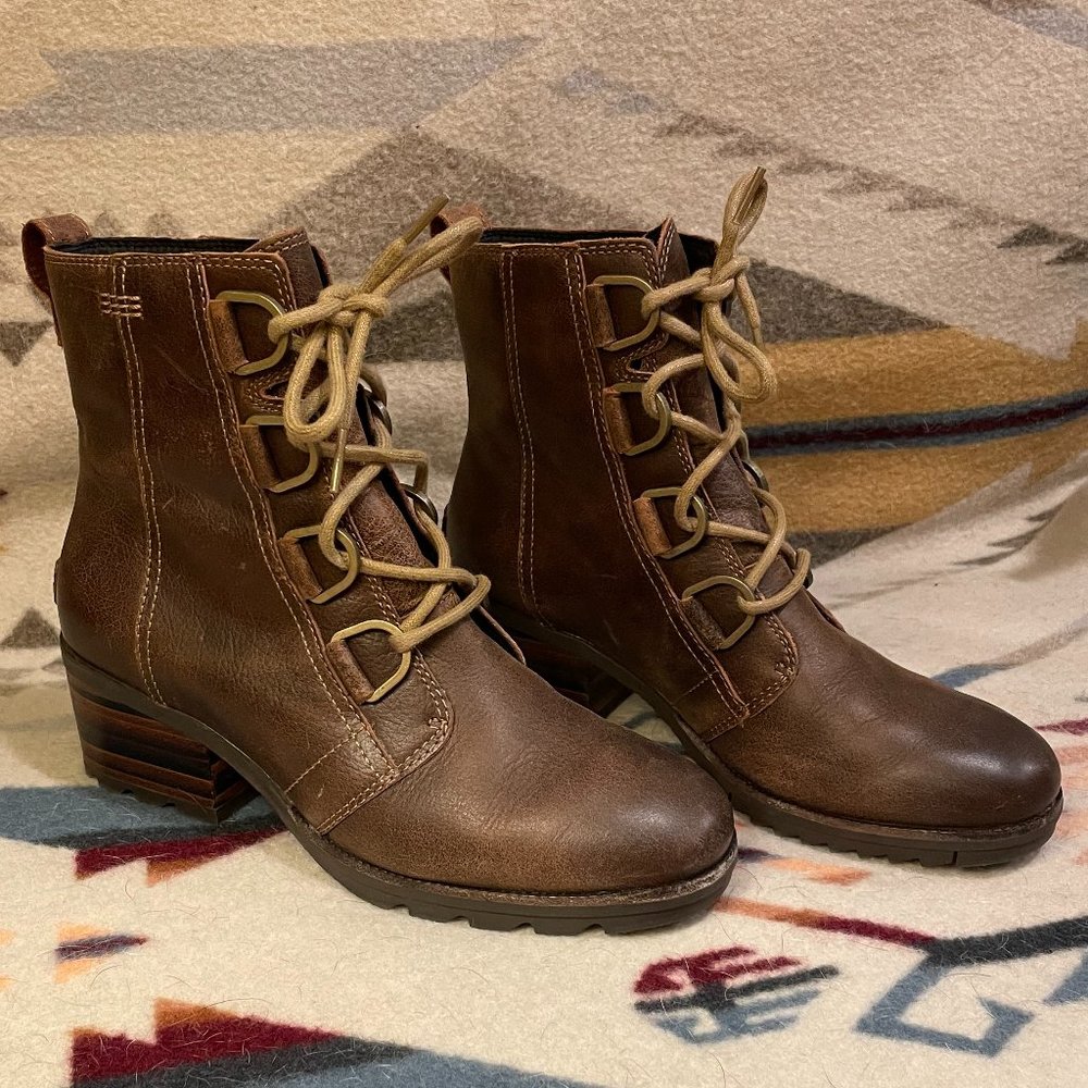 Sorel Cate Lace Up Leather Waterproof Women's Heeled Combat Boots Brown 8